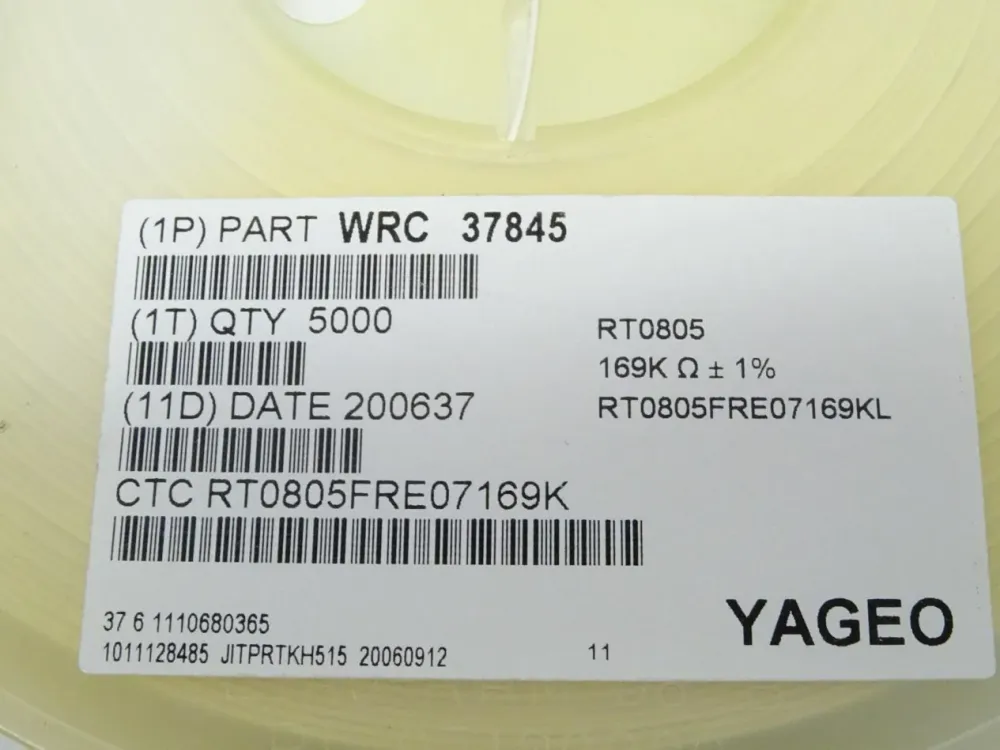 5000x YAGEO SMD Widerstand 169K Ohm / WRC 37845 / RT0805FRE07169K / 0805