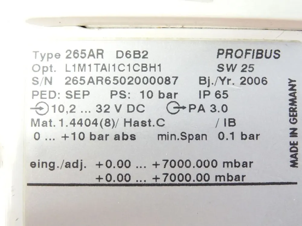 ABB Druckmessumformer 265AR D6B2 ProfiBus 10 bar