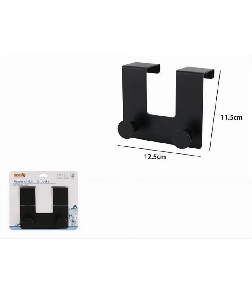 Appendiabiti Da Porta Con 2 Ganci 12.5x11.5cm Nero Per Asciugamani Vestiti 87775