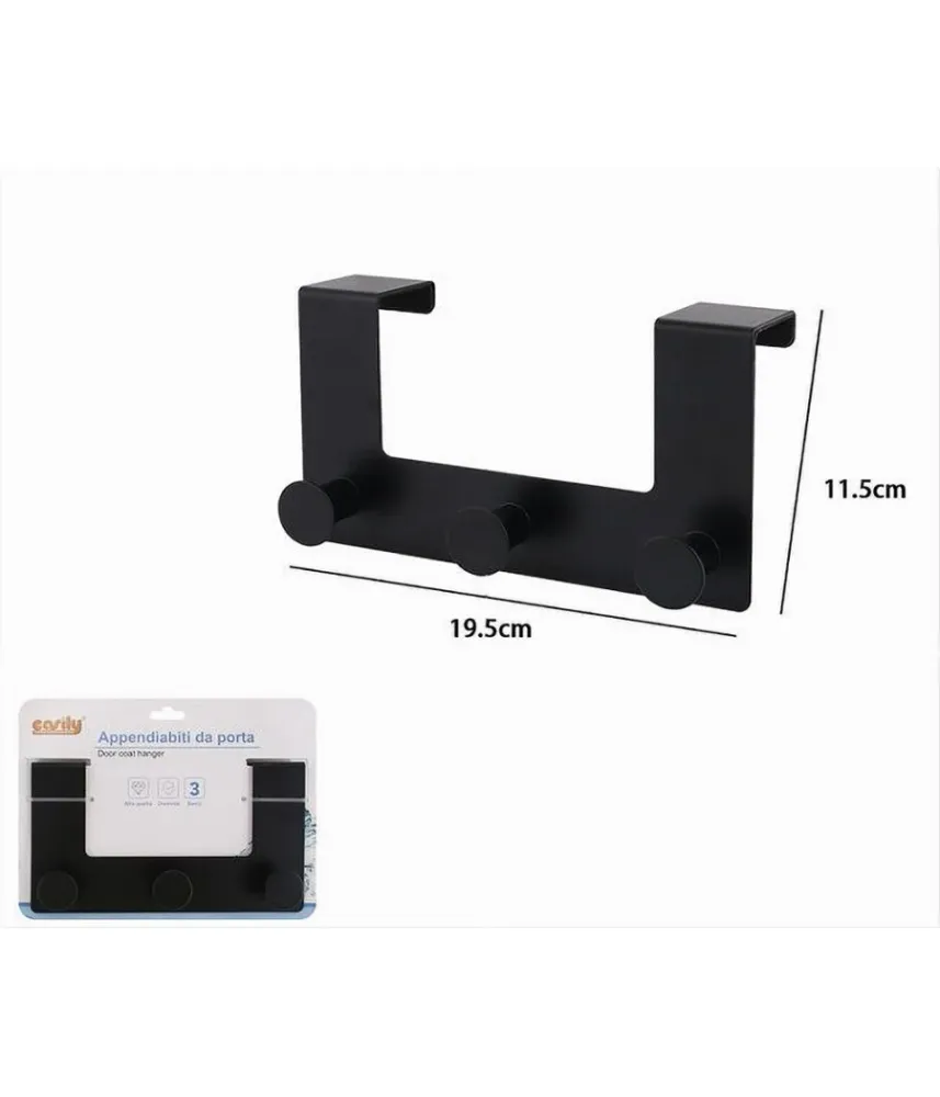 Appendiabiti Da Porta Con 3 Ganci 19.5x11.5cm Nero Per Asciugamani Vestiti 87776