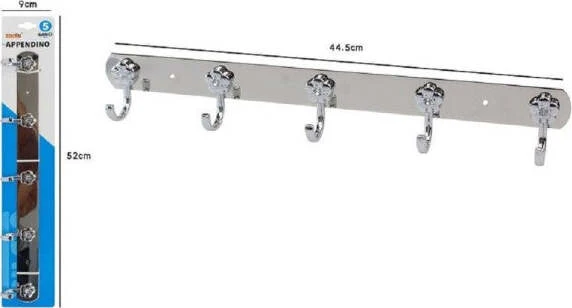 Appendino Con 5 Ganci Fiori Parete Multiuso Acciaio Viti 45x7.5 Cm 52674 Appendi