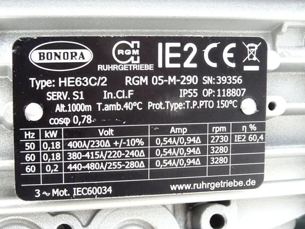 Bonora Getriebemotor HE63C/2 RGM 05-M-290 0.18kW 2730-3280rpm 7:1 / Neu