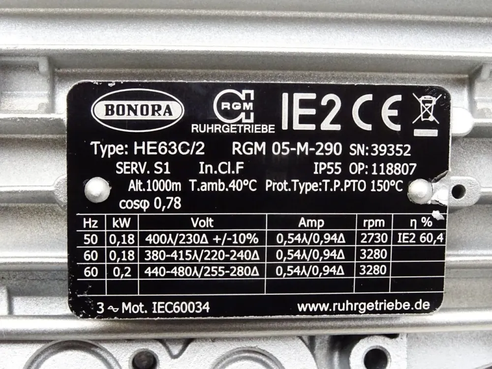 Bonora Getriebemotor HE63C/2 RGM 05-M-290 0.18kW 2730-3280rpm 7:1 / Neu