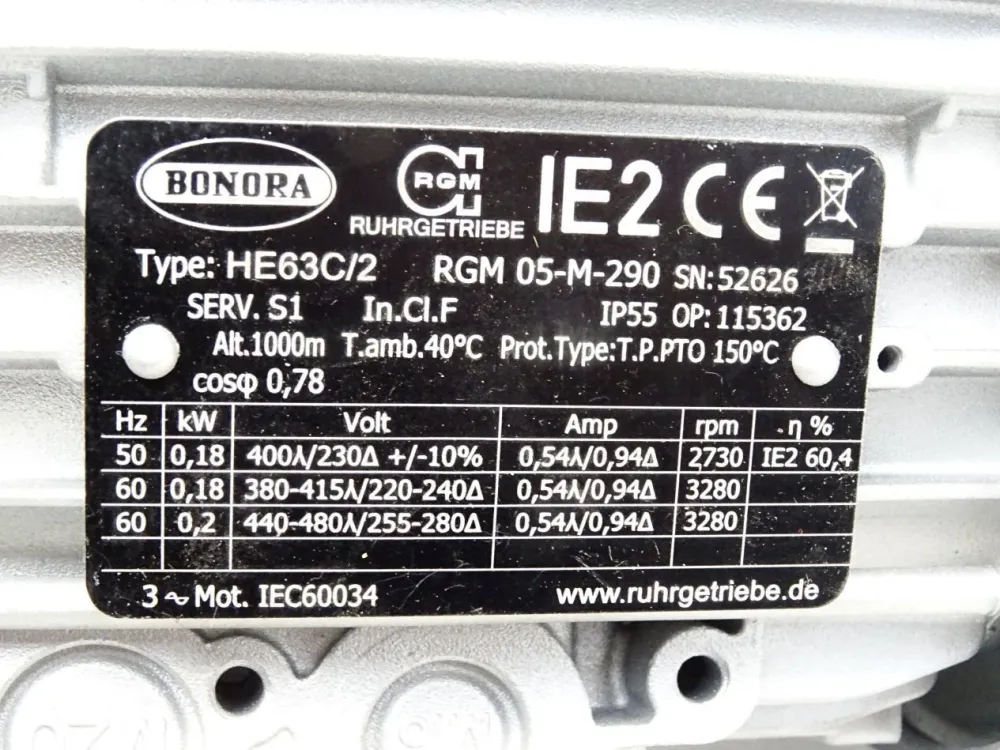 Bonora Getriebemotor HE63C/2 RGM 05-M-290 0.18kW 2730-3280rpm 5:1 / Neu