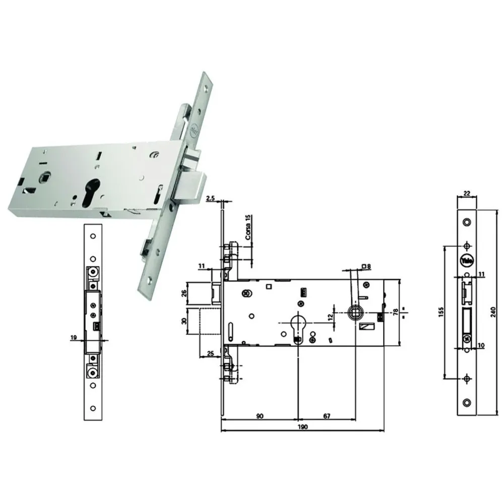 Elettroserratura triplice infilare p/fasce caten. e s. mm.78h 94900 - mm.90 (y9490090080)