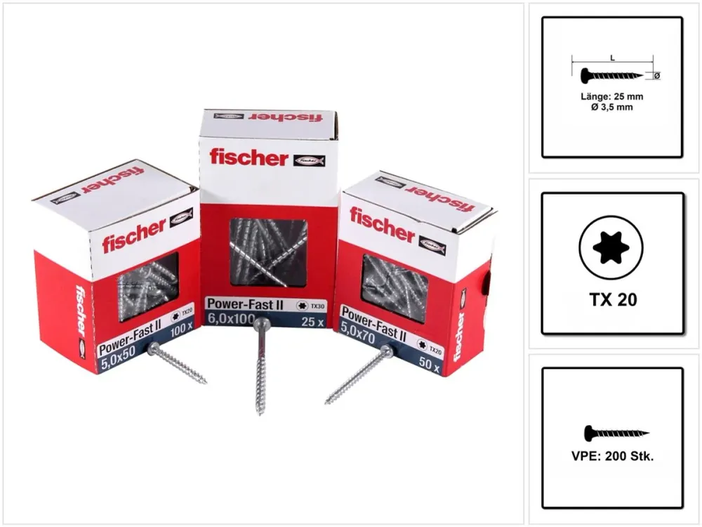 Fischer Power-Fast II FPF II Viti per legno 3,5x25 mm, 200 pz. ( 670101 ) Testa tonda, Torx, filettatura completa, zincate...