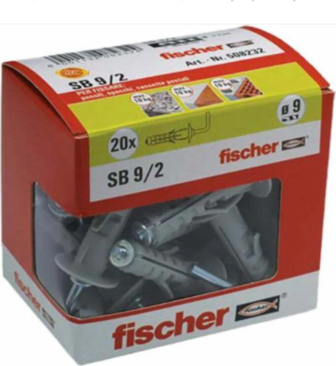 FISCHER - 20 TASSELLI AD ESPANSIONE SB 9/2 Y CON GANCIO MEDIO - 9MM