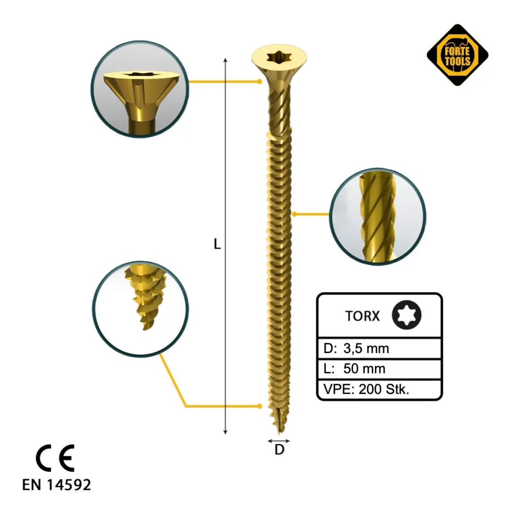 FORTE Tools Vite universale per legno 3,5 x 50 mm T15, zincata gialla, testa svasata Torx, filettatura intera, 200 pz. (00...