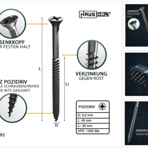 HausHalt Vite universale per legno 5,0x45mm - PZ2 - Argentata - Phillips Pozidriv - Testa svasata - Filettatura parziale -...