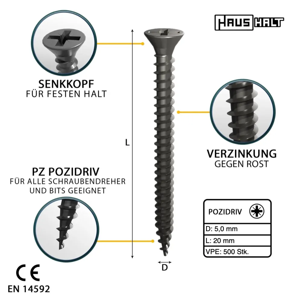 HausHalt Viti universali per legno 5,0 x 20 mm PZ2 - 500 pz. (000051371187)