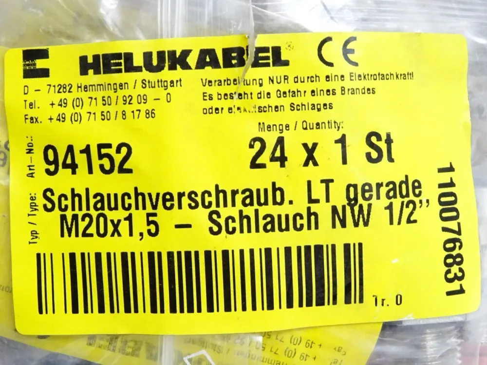 Helukabel 94152 Schlauchverschraub. LT gerade M20x1.5- Schlauch NW 1/2" / Inhalt:24 Stück / Neu OVP