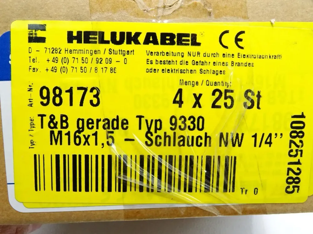 Helukabel 98173 T&B gerade Typ 9330 M16x1.5 Schlauch NW 1/4" / Inhalt:15 Stück / Neu OVP