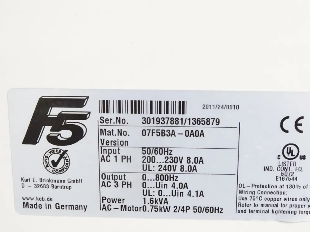 KEB Combivert F5 07F5B3A-0A0A 0.75kW