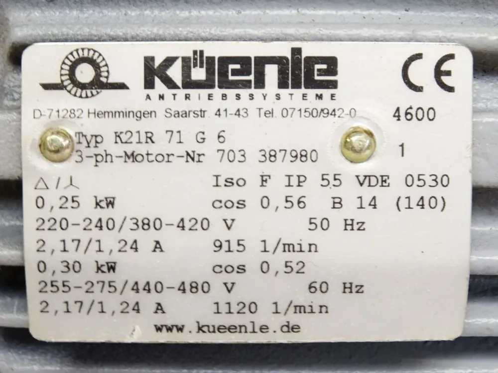 Küenle Antriebsysteme Motor K21R 71 G 6 703387980 915-1120min-1 + Stöber Getriebe DW0-1200-025-4