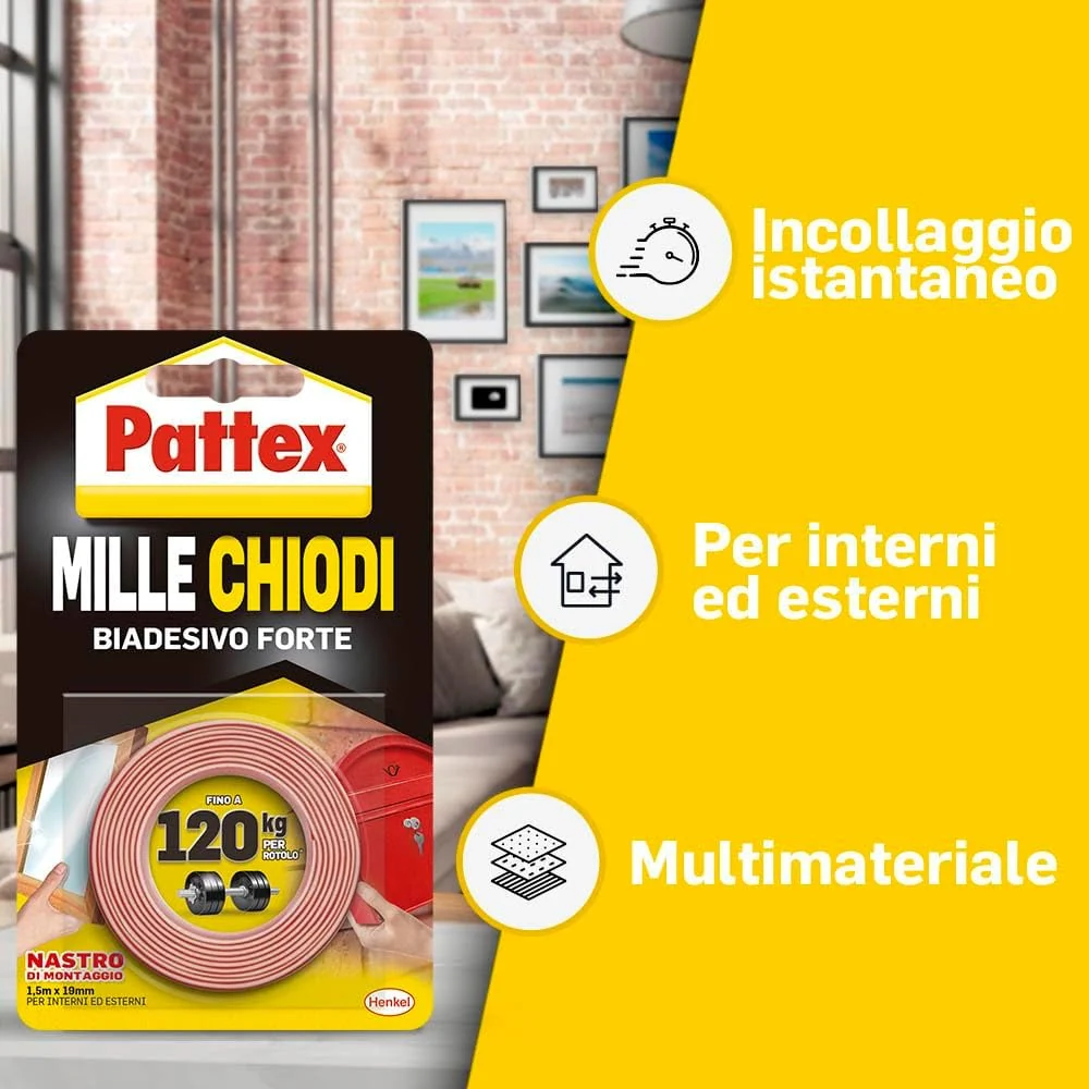 Nastro Biadesivo Extra Forte Millechiodi 19 Mm X 1,5 M Per Interni Ed Esterni Fino 120 Kg Di Tenuta Pattex Henkel