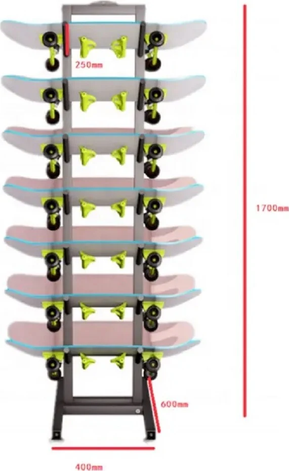 Porta Skateboard 7 Strati Metallo Nero Da Terra Per Esposizione Del Negozio