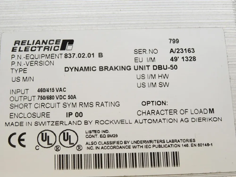 Reliance Electric Dynamic Braking Unit DBU-50 837.02.01 B