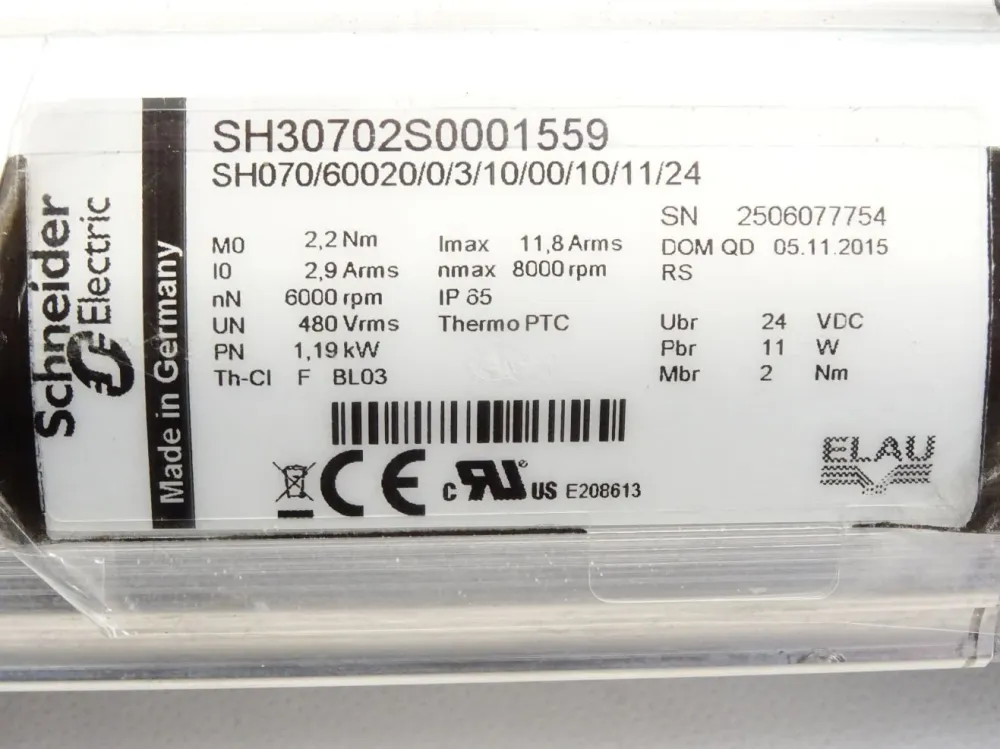 Schneider Electric Servomotor SH30702S0001559 SH070/60020/0/3/10/00/10/11/24 6000-8000rpm 1.19kW SH3 070