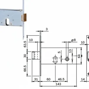 Serratura Da Infilare Per Fasce Catenaccio E Scrocco Mm.64 H 710 Mm.70 (7107010) Iseo