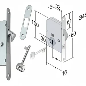 Serratura Porte Scorrevoli Gancio Chiave Patent B. Tondo Cr. Sat.- - Mm.50 Frontale E Incontro Cromo Satinato - Bonaiti