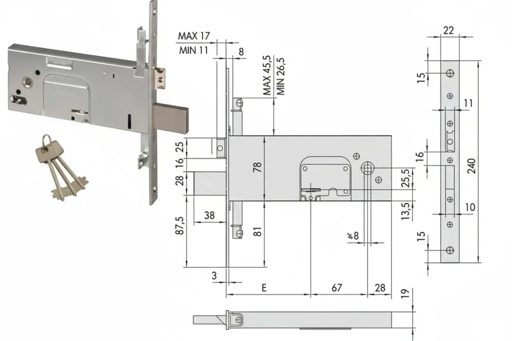 Serratura Triplice Da Infilare Per Fasce Doppia Mappa Mm.78 H 57357- - Mm.100 (57357100) - 1 Pezzi Cisa