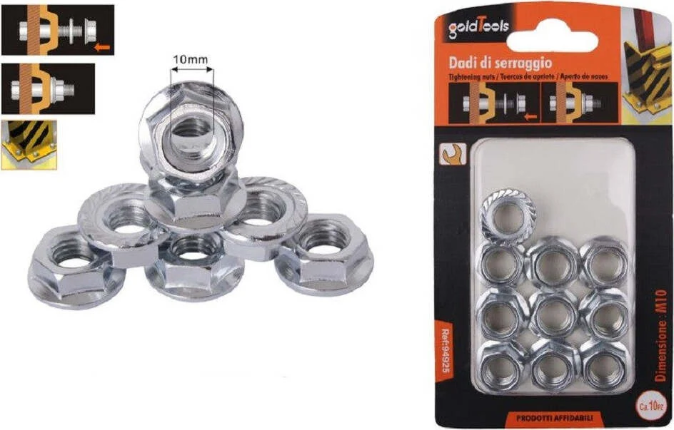 Set 10pz Dado Esagonale Flangiato Dadi Di Serraggio M10 Bulloni Vite 10mm 94925