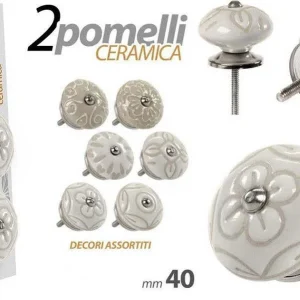 Set 2pz Pomelli Ceramica Mobili Multiuso Pomello 40mm Decori Assortiti 843044