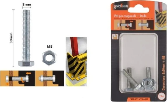 Set 3pz Vite Viti Per Esterno Testa Esagonali 8 X 30 Mm Con Dadi Dado M8 90920