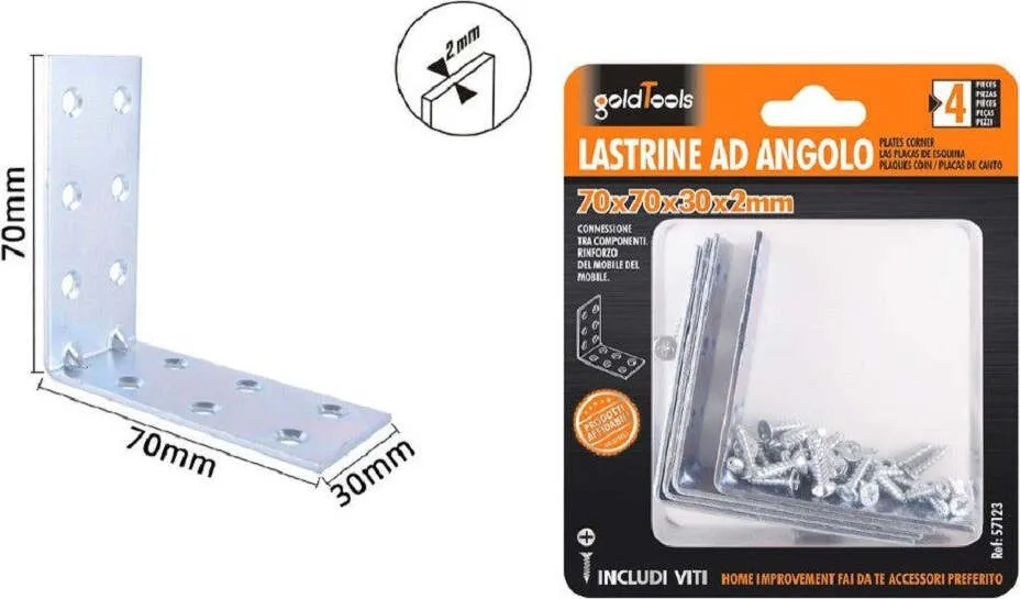 Set 4pz Lastrine Lastrina Ad Angolo Angolare 70x70x30x2 Mm Con Viti Mobili 57123