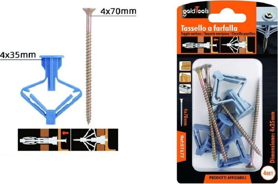 Set 4pz Tasselli Ad Espansione Tassello Farfalla 4x35mm Viti Vite 4x70mm 57177