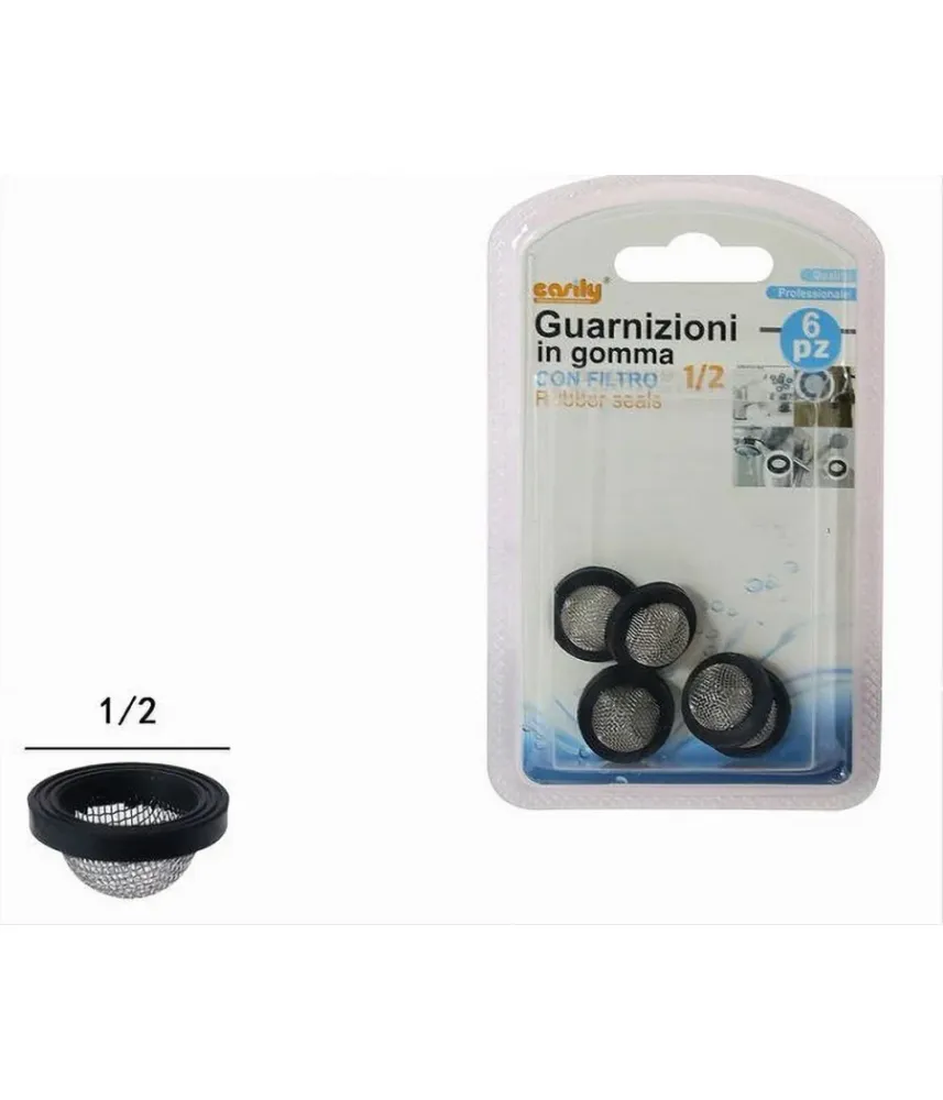 Set 6pz Guarnizioni Gomma Nera Con Filtro Rete Convessa Acciaio 1/2 52445
