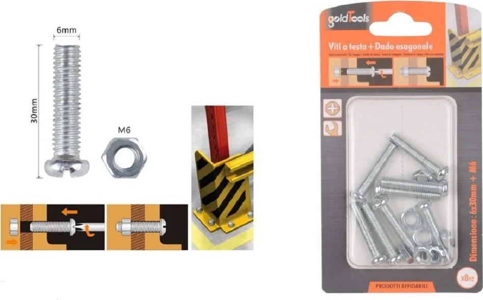 Set 8pz Viti Vite Testa Croce Tonda 6 X 30mm Con Dadi Dado Esagonale M6 90978
