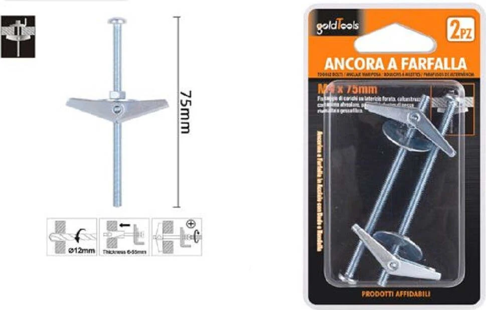 Set 2 Pz Ancora Farfalla Acciaio Con Dado E Rondella Tassello M4x75mm 57225