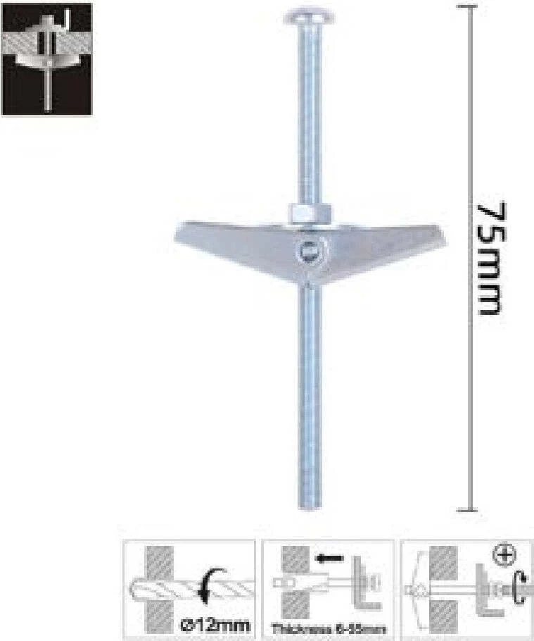Set 2 Pz Ancora Farfalla Acciaio Con Dado E Rondella Tassello M4x75mm 57225