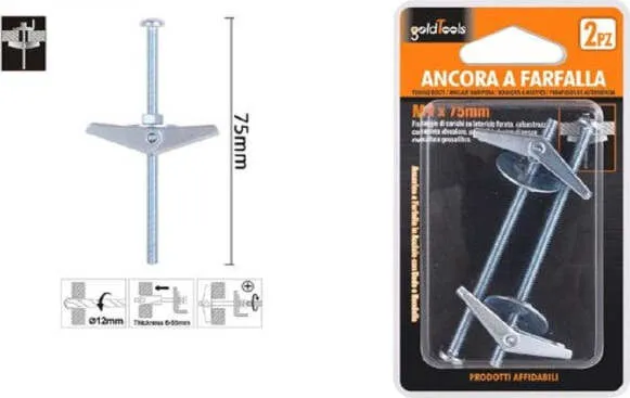 Set 2 Pz Ancora Farfalla Acciaio Con Dado E Rondella Tassello M4x75mm 57225