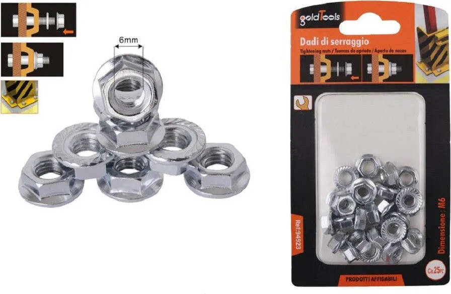 Set 25 Pz Dado Esagonale Flangiato Dadi Di Serraggio M6 Bulloni Vite 6mm 94923