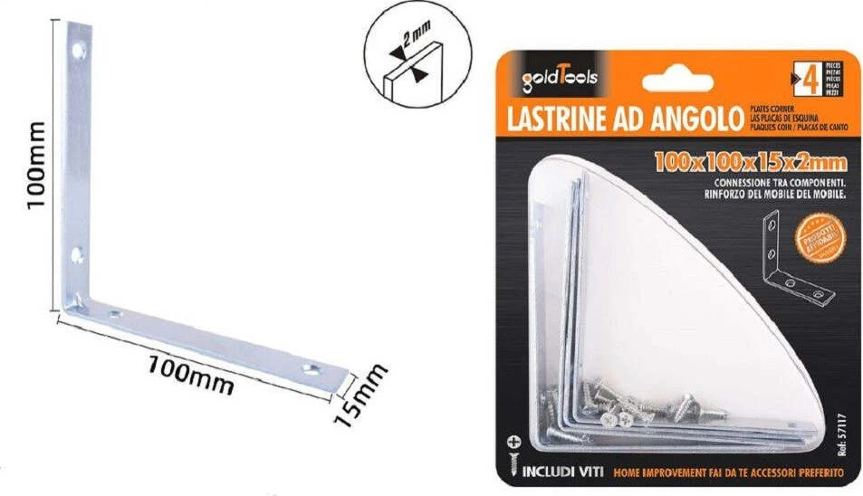 Set 4 Pz Lastrine Ad Angolo Lastrina Angolare 100x100x15x2 Mm Viti Mobili 57117