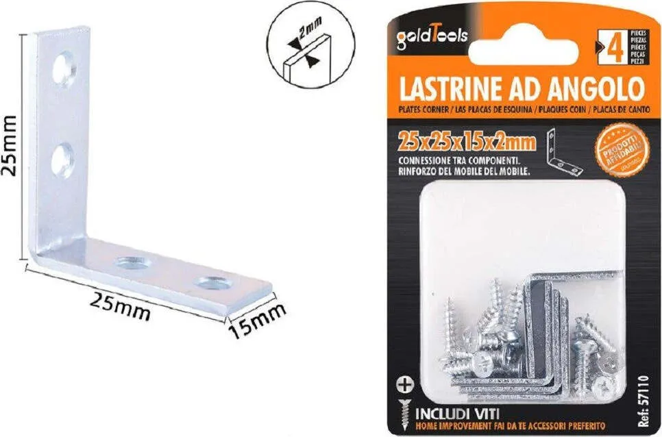 Set 4 Pz Lastrine Lastrina Ad Angolo Angolare 25x25x15x2mm Con Viti Mobili 57110