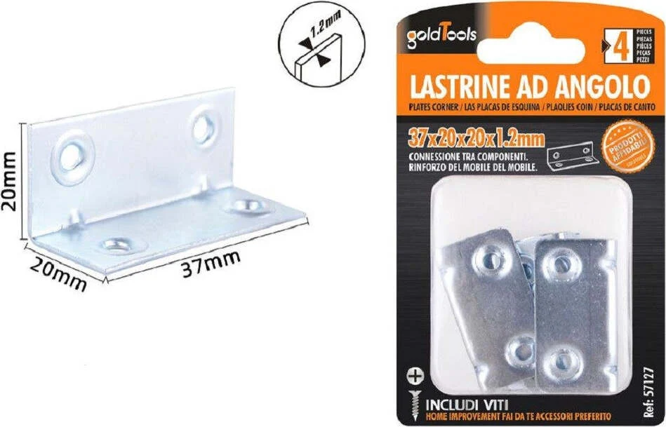 Set 4 Pz Lastrine Lastrina Ad Angolo Angolare 37x20x20x1.2 Mm Viti Mobili 57127