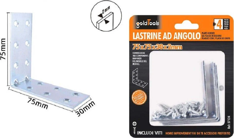 Set 4 Pz Lastrine Lastrina Ad Angolo Angolare 75x75x30x2mm Con Viti Mobili 57124