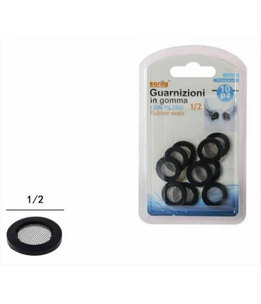 Set 10 Pezzi Guarnizioni Gomma Con Filtro Rete Inox 1/2 Rubinetti Casa 52362