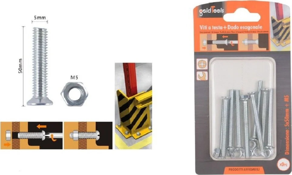 Set 9 Pezzi Viti Vite Testa Croce Piatta 5 X 50 Mm Con Dado Esagonale M5 90942