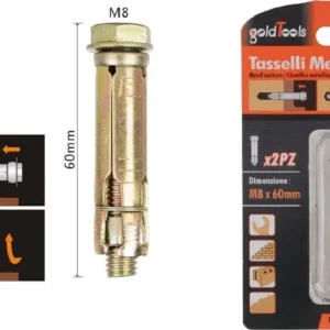 Set 2 Pz Tasselli Metallici Tassello Bulloni M8 X 60mm Accessori Minuteria 91041