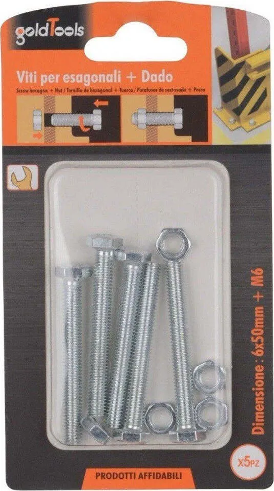 Set 5 Pz Vite Viti Per Esterno Testa Esagonali 6x50 Mm Con Dadi Dado M6 90918
