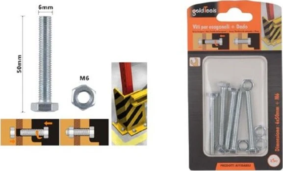 Set 5 Pz Vite Viti Per Esterno Testa Esagonali 6x50 Mm Con Dadi Dado M6 90918