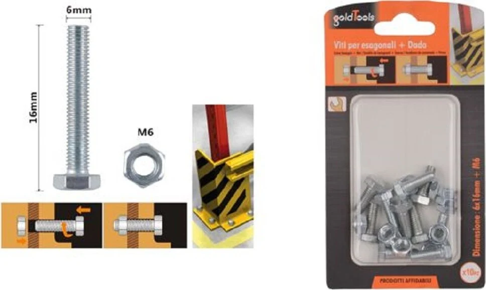 Set 10 Pz Vite Viti Per Esterno Testa Esagonali 6x16mm Con Dadi Dado M6 90914