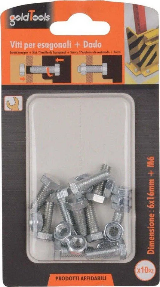 Set 10 Pz Vite Viti Per Esterno Testa Esagonali 6x16mm Con Dadi Dado M6 90914