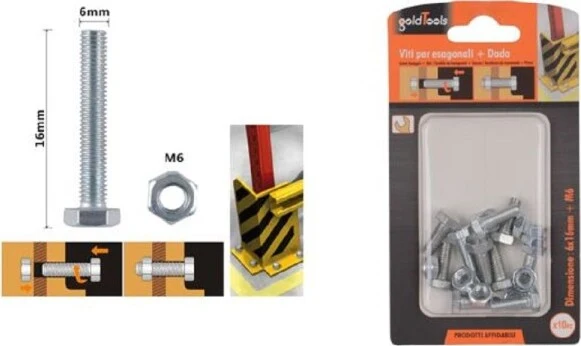 Set 10 Pz Vite Viti Per Esterno Testa Esagonali 6x16mm Con Dadi Dado M6 90914
