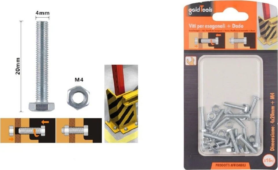 Set 16 Pz Vite Viti Per Esterno Testa Esagonali 4x20 Mm Con Dadi Dado M4 90905