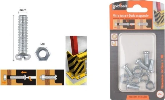 Set 5 Pz Viti Vite Testa Croce Tonda 8x16 Mm Con Dadi Dado Esagonale M8 90982